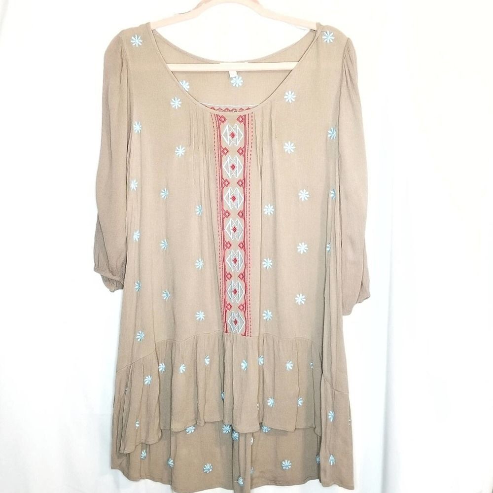 Umgee Beige Embroidered Floral Tribal Boho Tunic